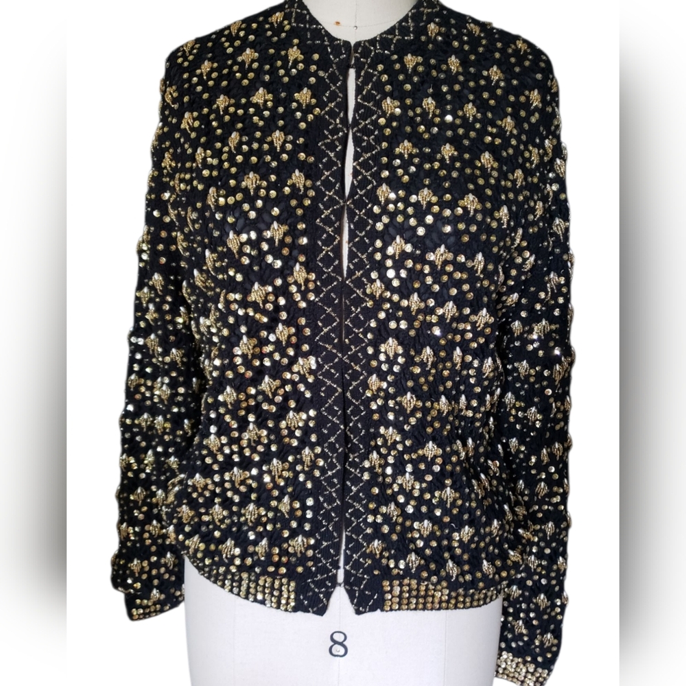 Vintage 1960s Black Knit Sequin Beaded Pearl Cardigan Medium 8 10